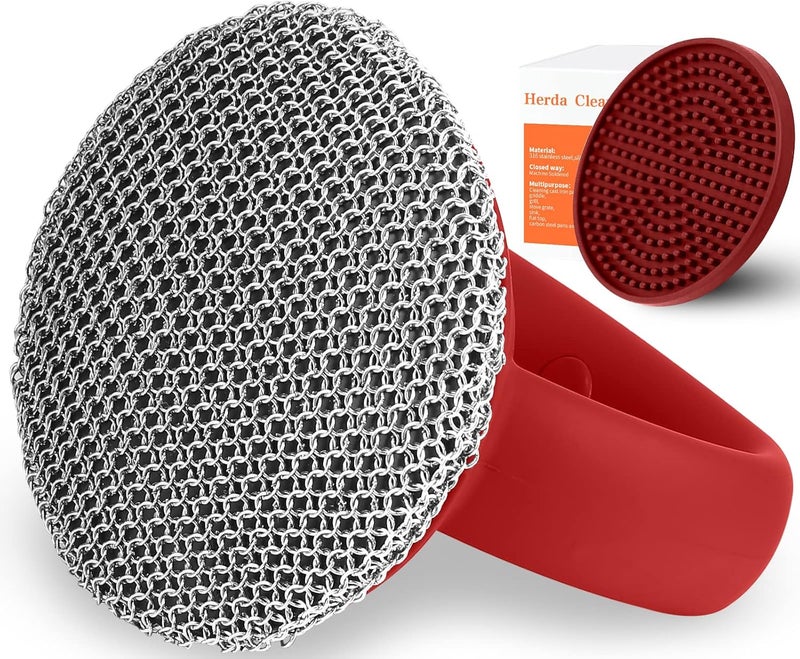 Herda Cast Iron Cleaner Scrubber+Tray with Handle, Welded Chainmail Scrubber for Pan Pot Grill Oven Wok Cleaning- Small Ring Chain Scrub Metal Scraper Brush Iron Skillet Steel Wool Scrubber Steel Sponge - Image 1